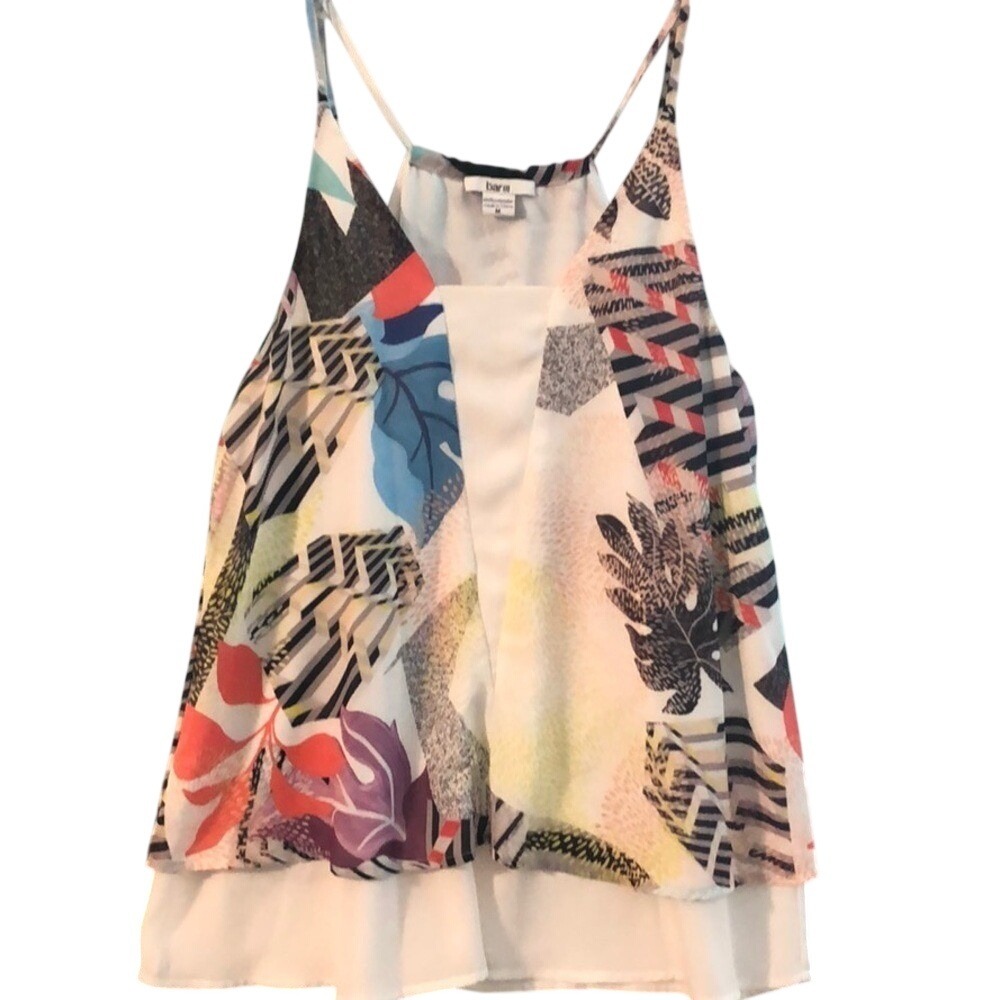 Bar III Womens Abstract Tropical Layered Camisole Top White Multicolor Med Boho